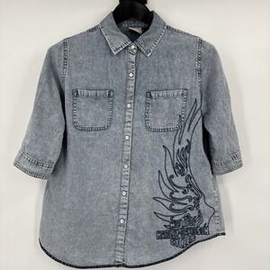 Harley Davidson HD Shirt Womens  Denim Embroidered Button‎ Up M Medium
